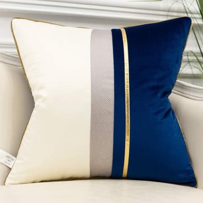 Kussenhoes Patchwork - Decoratief Sierkussen - Interieur Decoratie - Uniek Geborduurd Patroon - 45 x 45 cm - Marineblauw Wit Goud