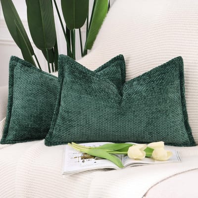 Unyqoos ® Moderne Decoratieve Chenille en Fluwelen Kussenhoezen Set van 2 met Stijlvolle Rand, Donkergroen, 30 x 50 cm