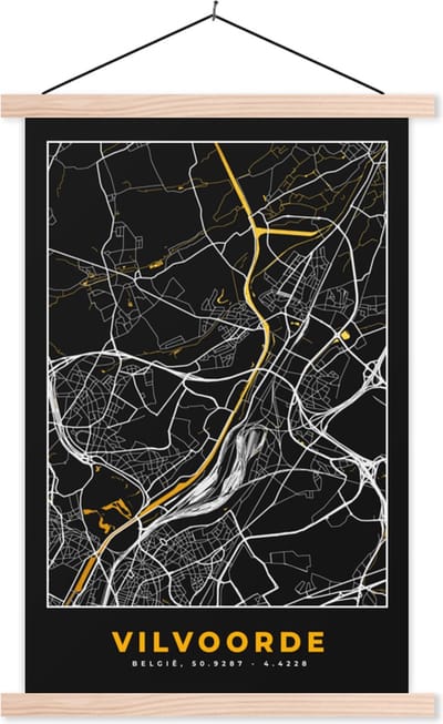 Posterhanger incl. Poster 40x60 cm - Schoolplaat - Stadskaart - Vilvoorde - Plattegrond - Kaart - Goud - Textielposter - Blanke latten - Stadskaart