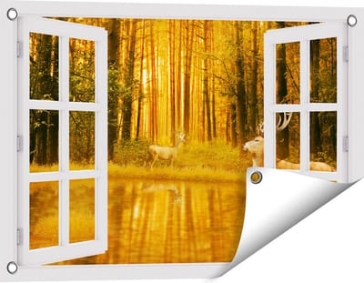 Gards Tuinposter Doorkijk Twee Herten in het Bos bij het Water - 60x40 cm - Tuindoek - Tuindecoratie - Wanddecoratie buiten - Tuinschilderij