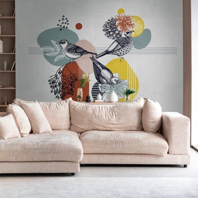 Fotobehang Profhome 399101-GU vliesbehang hardvinyl warmdruk in reliëf glad met Toile de Jouy patroon mat grijs oranje geel blauw 3,71 m x 2,8 m