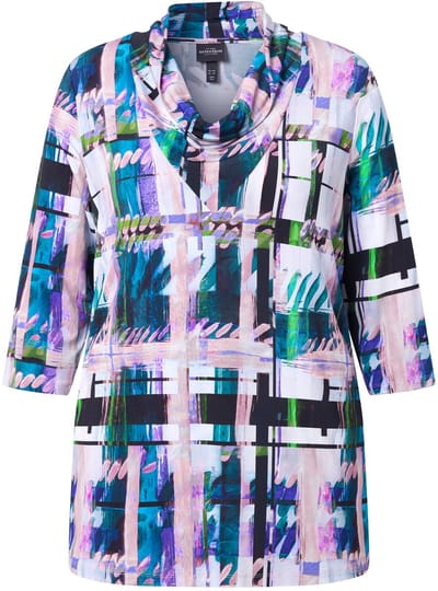 Ulla Popken - Dames - Slinky shirt ruitendesign watervalhals 3/4-mouwen - Diepgroen - Maat 46+