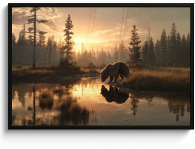 Poster in lijst - Fotolijst 120x80 cm - Posters - Beer - water - Bos - Ochtendlicht - Posterlijst zwart - Decoratie - Wanddecoratie woonkamer - Muurdecoratie slaapkamer