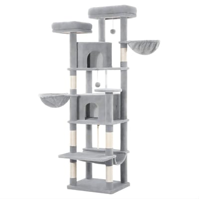 Kattenboom – Voor Grote Katten – 175 cm Stevige Kattenboom met Krabpalen, 2 Kattenhuizen, 2 Ligplateaus en 2 Mandjes – Lichtgrijs