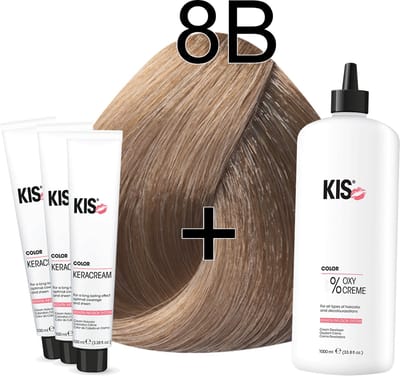 Kis KeraCream Color - 100ml - Haarverf Set - 8B Licht beige | KIS - (3 x haarverf & 1L waterstofperoxide)