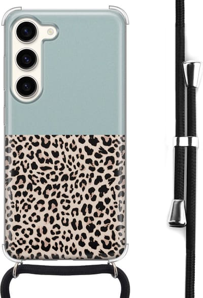 Hoesje met koord - Geschikt voor Samsung Galaxy S23 - Luipaard mint - Verstelbaar zwart koord - Crossbody - Luipaardprint - Transparant, Groen - Leuke Telefoonhoesjes