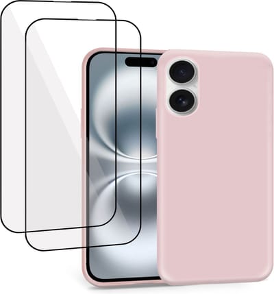 Geschikt voor Apple iPhone 16 - Hoesje + 2x Screenprotector – Full Cover Gehard Glas – Suède Back Cover Case Rose