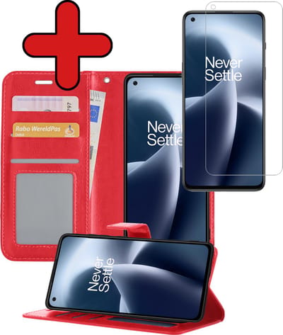Hoesje - Met Screenprotector - Geschikt voor OnePlus Nord 2T - Luxe Pasjeshouder - Flipcase - Bookcase Portemonee - Flip Case - Kunstleer Book Case - Book Cover - Walletcase - Portemonneehoes - Telefoonhoes - Rood