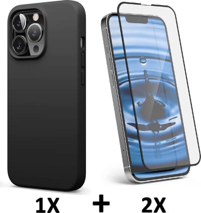 HB Hoesje Geschikt voor Apple iPhone 13 Pro - Zwart / 2X Volledige Glazen Screenprotector - Siliconen Back Cover