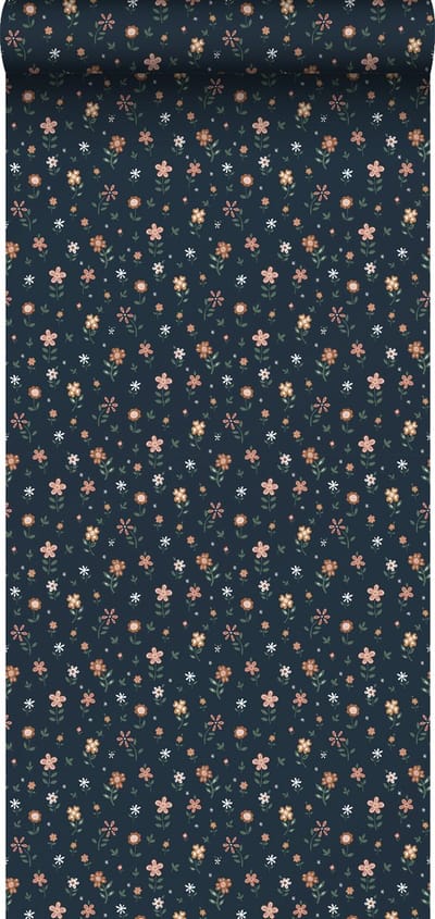 ESTAhome behang bloemetjes donkerblauw, terracotta, groen en wit - 53 cm x 10.05 m - 139359