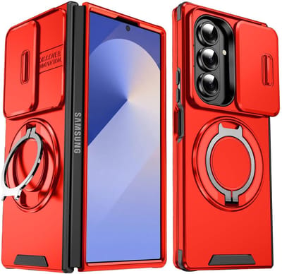 Armor Tough [360° draaibare ringstandaard] [compatibel met Magsafe] Hoesje Geschikt voor: Samsung Galaxy Z Fold 7 - Ingebouwde dia camera cover - Hybrid - Rood