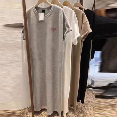 Zomer Nieuw Los T-shirt met Korte Mouwen Damesjurk Middellange en Lange Jurk Top Puur Katoen T-shirt Rok M gray