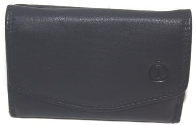 Oi zwart lederen overslag portemonneetje / klein afsluitbaar dames of heren beursje met ritsje / compacte billfold met muntvak en ritsje aan de buitenkant / RFID safe / zwart leer / 355