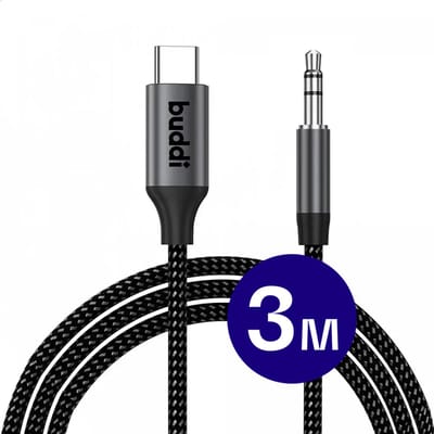 Buddi Flex - Aux naar USB-C Kabel - Audio Kabel met DAC Chip - Gevlochten Nylon - USB-C naar Aux - Jack naar USB-C - Geschikt voor o.a Samsung & iPhone (15 of nieuwer) - Auto - 3M - 3 Meter - Zwart