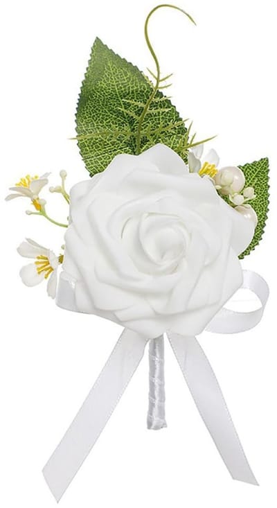 Dailygoods- Bloem Boutonniere Handgemaakt - Satijnen Roos - Faux Parels - Lichtgewicht Reversspeld - 12 x 11 cm - Elegante Groene Bladeren - Bloemspeld