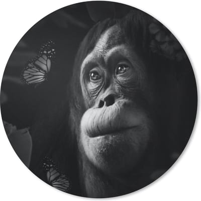 Muismat rond 20x20 cm - Mousepad Vlinder - Aap - Jungle - Zwart - Wit - Ronde muismatten