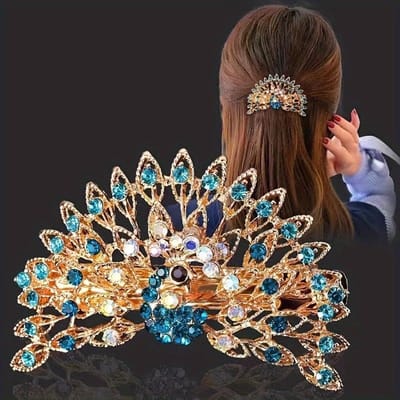 Kleurrijke Elegante Pauwenhaarclip Groot Koreaanse Stijl Legering met Edelstenen, Veerbelast Paardenstaart Accessoire, Chique & Eenvoudig Rond Ontwerp voor Styli blauw