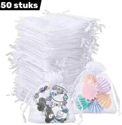 50 stuks - Transparante organza zakjes - Wit - 7 x 9 cm - Fijnmazige trekkoordzakjes voor sieraden, snoep, cadeautjes of als fruitbeschermzakjes tegen insecten - Ademend, herbruikbaar en elegant voor feestjes of dagelijks gebruik