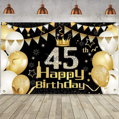 Solidchoice- Verjaardagsbanner 45e Verjaardag - Feestdecoratie - Achtergrondbanner - Verjaardag Benodigdheden - Photo Booth Props - Zwart/Goud 70" x 30