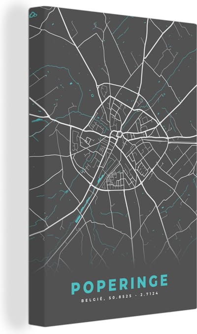 Canvas Schilderij Plattegrond – Poperinge – Blauw – Stadskaart - Kaart - België - 20x30 cm - Wanddecoratie