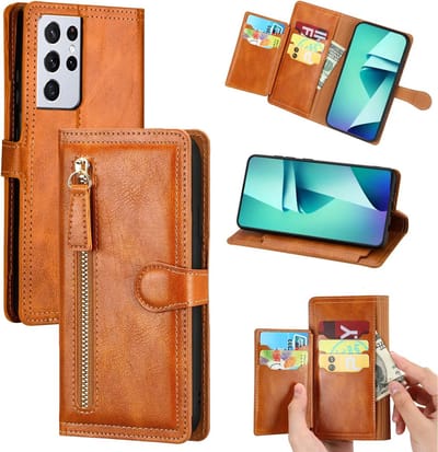 Bookcase Hoesje Geschikt voor: Samsung Galaxy S22 met ritssluiting - Flipcover - Magnetisch - 5 kaarten houder - Lichtbruin