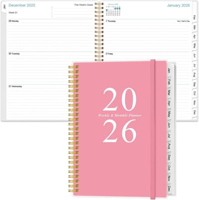 Jaarplanner 2026: Wekelijkse en Maandelijkse Agenda met Tabs, Groot Formaat Rosé