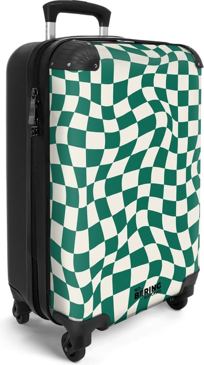 NoBoringSuitcases.com® - Handbagage koffer lichtgewicht - Reiskoffer trolley - Golvende groen met wit geruite print - Reis rolkoffer met wieltjes - Cabin koffertje klein - Carryon valies - Harde bagagekoffer - Past binnen 55x40x20 en 55x35x25