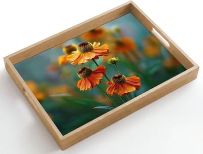 Dienblad hout 50x35 cm - Schootdienblad - Oranje bloemen - Levendig - Wazige achtergrond - Borrelplank rechthoek - Plateau dienbladen
