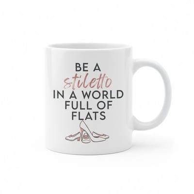 Inspirerende Tekst Mok 330 ml – “Be a Stiletto in a World Full of Flats” Fashion Koffie- & Theebeker Cadeau