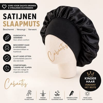 Cabantis® Kinder Slaapmuts Satijn – Anti Pluis & Klitten – Zachte Bonnet voor Krullen – Beschermt Haar tijdens Slapen – Comfortabele Pasvorm - Zwart
