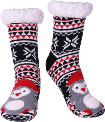 JAXY - Huissokken Dames - Verwarmde Sokken - Anti Slip Sokken - Huissokken - Bedsokken - Warme Sokken - Kerstcadeau Voor Vrouwen - Thermosokken - Dikke Sokken - Fluffy Sokken - Kerstsokken Dames en Heren - Penguin
