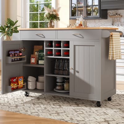 MEUNIQ Keukeneiland 102 x 45 x 92 cm met 2 lades, wijnrek, verstelbare opbergruimte en wielen, dressoir voor keuken of eetkamer, grijs