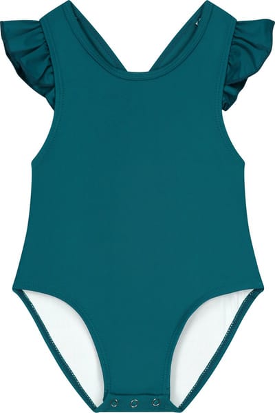 Supercute badpak petrol blauw met gekruiste bandjes en drukknopen maat 74/80