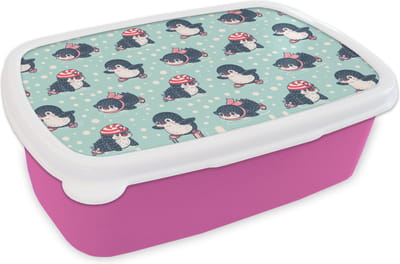 Broodtrommel Roze - Lunchbox - Brooddoos - Pinguïn - Schaatsen - Muts - Kinderen - Patroon - 18x12x6 cm - Kinderen - Meisje