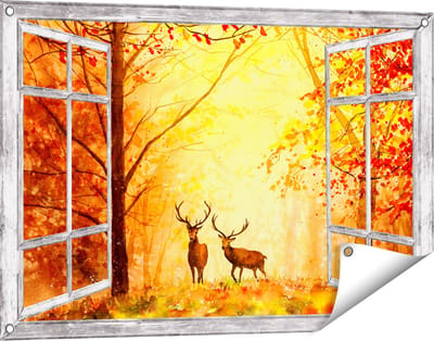 Gards Tuinposter Doorkijk Getekende Herten in het Bos - Herfst - 90x60 cm - Tuindoek - Tuindecoratie - Wanddecoratie buiten - Tuinschilderij