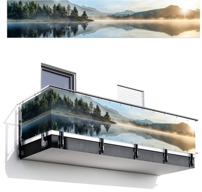 Balkonscherm 500x100 cm - Balkonposter Meer - Mist - Bergen - Landschap - Balkon scherm decoratie - Balkonschermen - Balkondoek zonnescherm