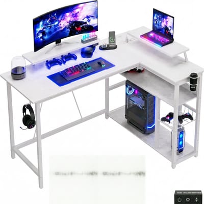 Devoko L-vormig Bureau 140x50/80x75 cm - Gaming Hoekbureau met Stopcontact, 2 USB-poorten en LED Lichtstrip - 100 kg Draagvermogen - Bekerhouder en Haak - witte carbon look