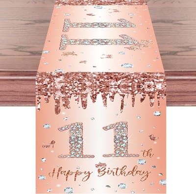 Tafelloper - Roségoud met 'Happy 11th Birthday' Opdruk - Voor Meisje Feestdecoratie - 180x35 cm