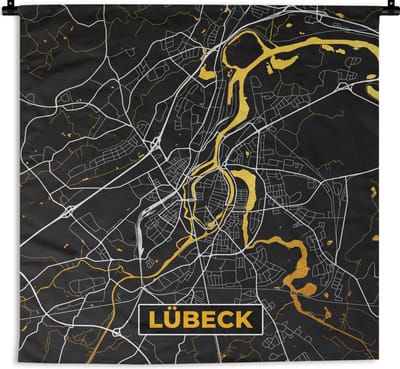 Wandkleed - Wanddoek - Lübeck - Plattegrond - Goud - Stadskaart - Kaart - Duitsland - 180x180 cm - Wandtapijt