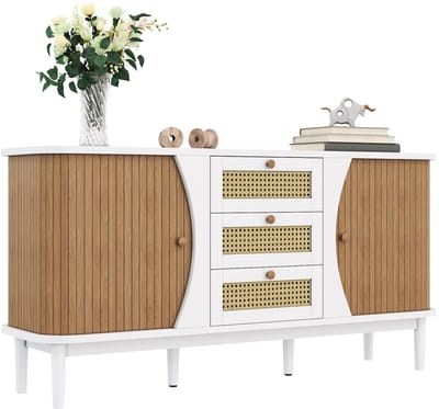 Rattan sideboard met schuifdeuren - 140,5x40x76 cm wit/naturel - 3 laden met rattan front en verstelbare planken - Gewelfd blad met afgeronde hoeken - Geschikt voor woonkamer, eetkamer, hal