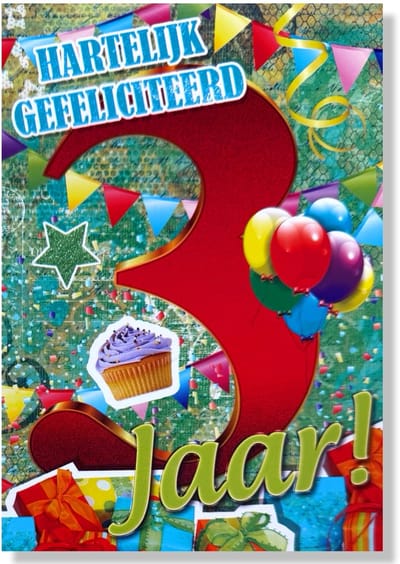 Hoera 3 Jaar! Luxe verjaardagskaart - 12x17cm - Gevouwen Wenskaart inclusief envelop - Leeftijdkaart
