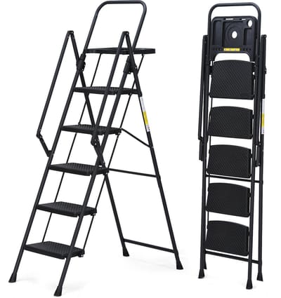 Huishoudtrap 5 treden - Opvouwbare trapladder zwart - Met afneembare gereedschapsbak - Stalen frame - Voor klussen en schoonmaken in huis