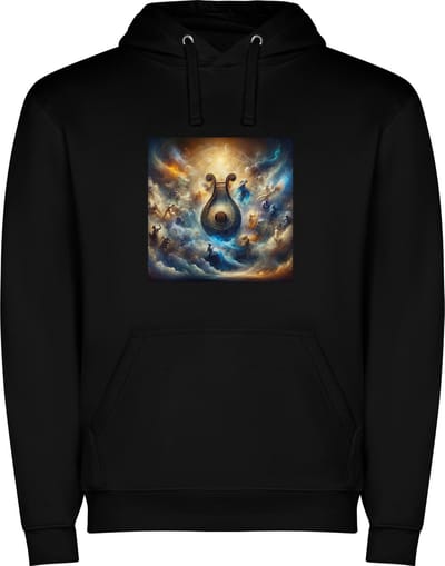 Zwarte unisex hoodie met “ Kleurrijke Harp – Grieks – Goden – Muziekinstrument “ Print Full Color Color merk Roly maat S