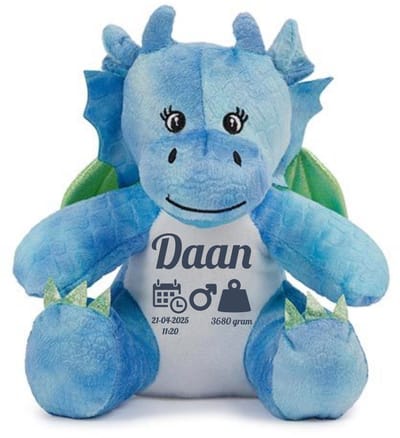 Blauwe geboorte knuffel draak gepersonaliseerd - met naam - geboortedatum en tijd - geboorte gewicht - kraamcadeau