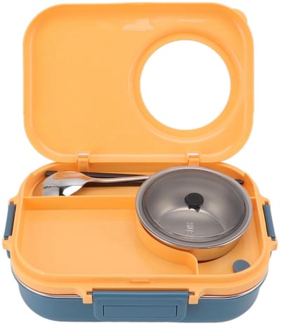 Allecto - Thermische Lunchbox - 1100ml - Duurzaam en Veilig - Blauw Geel - Voedselcontainer - Geschikt voor Afhaalmaaltijd - 3 Grid Ontwerp