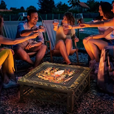 MEUNIQ vuurschaal met grillfunctie 76 x 76 x 47 cm vierkante vuurkorf met grillrooster en vonkenscherm voor tuin en terras zwart