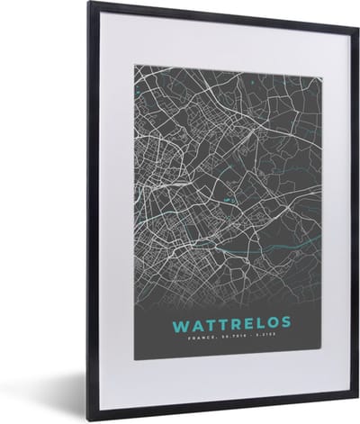 Fotolijst incl. Poster - Wattrelos - Frankrijk - Plattegrond - Kaart - Stadskaart - 30x40 cm - Posterlijst