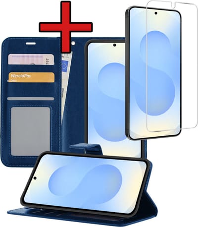 Hoesje - Met Screenprotector - Geschikt voor Samsung Galaxy S25 - Luxe Pasjeshouder - Flipcase - Bookcase Portemonee - Flip Case - Kunstleer Book Case - Book Cover - Walletcase - Portemonneehoes - Telefoonhoes - Donkerblauw