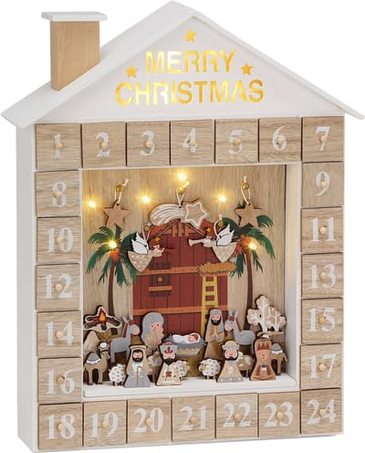 BRUBAKER Herbruikbare Houten Adventskalender om zelf te vullen - Bijbelverhaaltjeskalender met LED-verlichting - Doe-het-zelf-kalender 31,5 x 38,2 x 6,3 cm
