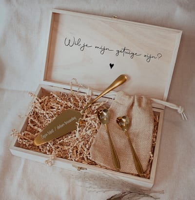 BolleToet - XL houten kistje + 2 lepels + taartschep - getuige vragen - wedding decoratie - getuige cadeau